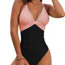 SEAFORM Womens One Piece Swimsuit Tummy Control Swimsuits V-Neck Push Up Swimwear Full Coverage Slimming Bathing Suits (Large, Pink/Black)