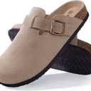 Women's Suede Clogs Soft Cork Footbed Leather Mules Comfort Potato Shoes with Arch Support (7-7.5, Taupe)