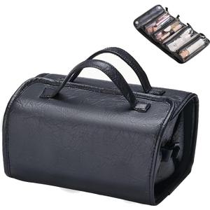 Travel Toiletry Makeup Bag PU Leather 4 Clear Detachable, Roll up Hanging Makeup Bag Leather, Multi Compartment Leather Waterproof Foldable Elegant Cosmetic Bag Detachable, Black