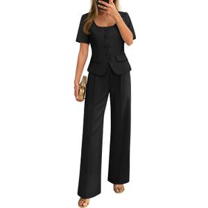 ZESICA Women's Summer Two Pieces Suits Set 2026 Short Sleeve Blazer Wide Leg Pants Business Casual Outfits Sets, Black, Large