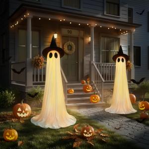 Halloween Decorations Outdoor, Wind-Resistant Ghost Decor with USB String Lights, Scary Door Decoration Outside with Waterbags & Hats, Ideal for Party/Porch/Yard/Garden/Lawn, White, 5Ft, 2 Pack