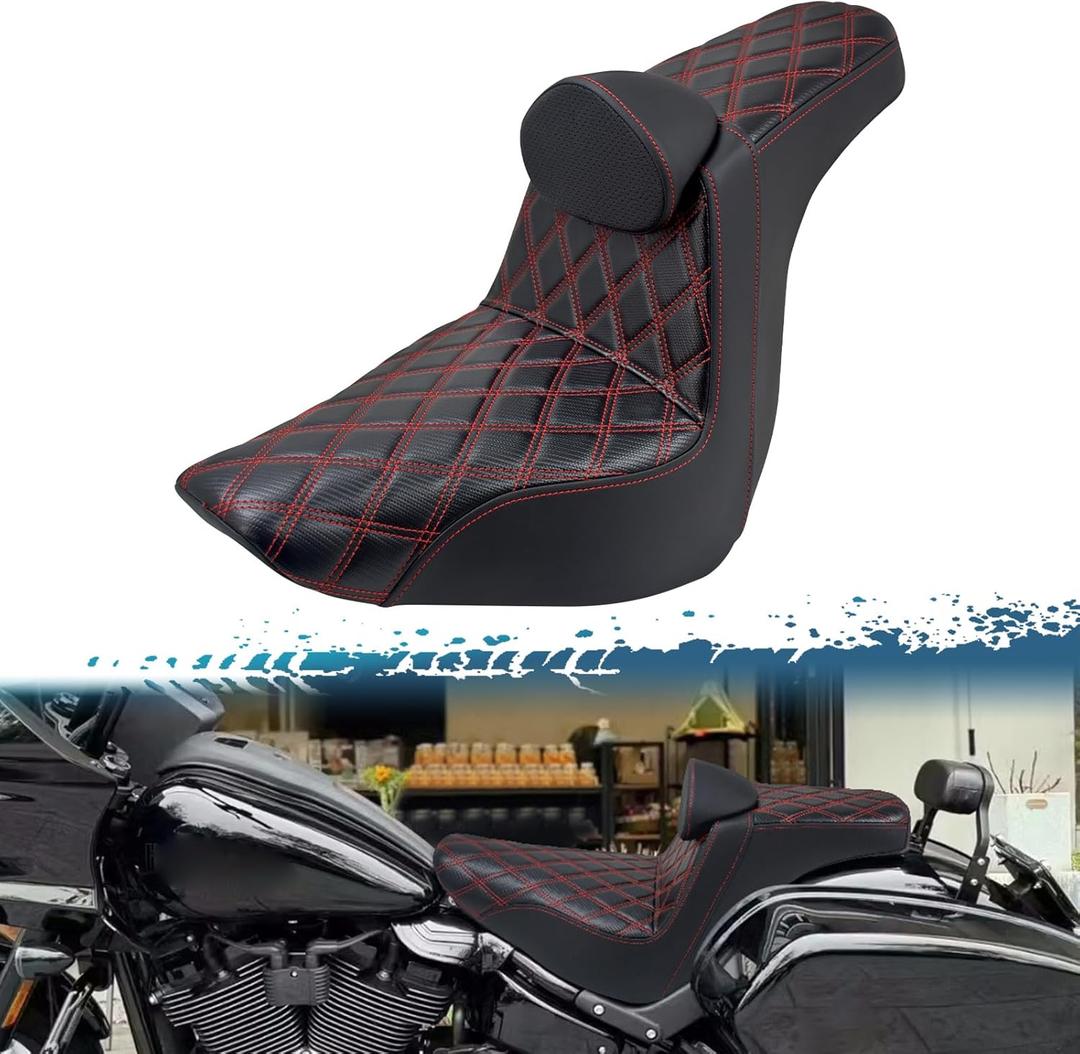 One-Piece Driver Passenger Seat Motorcycle 2-Up Seat with Driver Backrest Cushion Pad Fit for Harley Softail Sport Glide FLSB Low Rider FXLR FXLRS FXLRST 2018-later (Red Stitching)