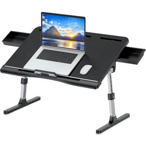 KLEAR Laptop Bed Tray Table [Luxury PVC Leather], Adjustable Laptop Desk for Bed, Foldable Lap Desk with 2 Drawers, Multifunctional Lap Table for Working, Eating, Writing, Gaming, Drawing (Black) (X-Large without Bag (15.7"x23.6"))