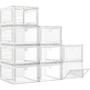 7 code Large Clear Shoe Boxes Organizer【Thicker Material】 Stronger Shoe Box with Magnetic Door, Stackable Shoe Storage Box for Closet, Foldable SpaceSaving Storage Bins Shoe Cabinet, White 9 Pack