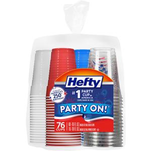 Hefty Party On Disposable Plastic Party Cups, 76 Count, 16 Oz Cups in Assorted Patriotic Colors and 18 Oz Clear Cups with Festive Firework Print for Fourth of July Celebrations and Summer Entertaining
