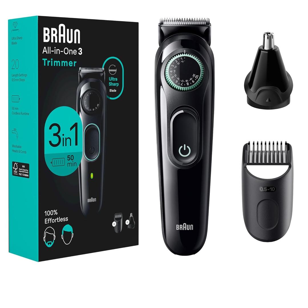 Braun All-In-One Style Kit Series 3 3430, 3-in-1 Trimmer for Men with Beard Trimmer, Ear & Nose Trimmer, Hair Clippers, Ultra-Sharp Blade, 20 Length Settings, Washable (5 Piece Set, Black)