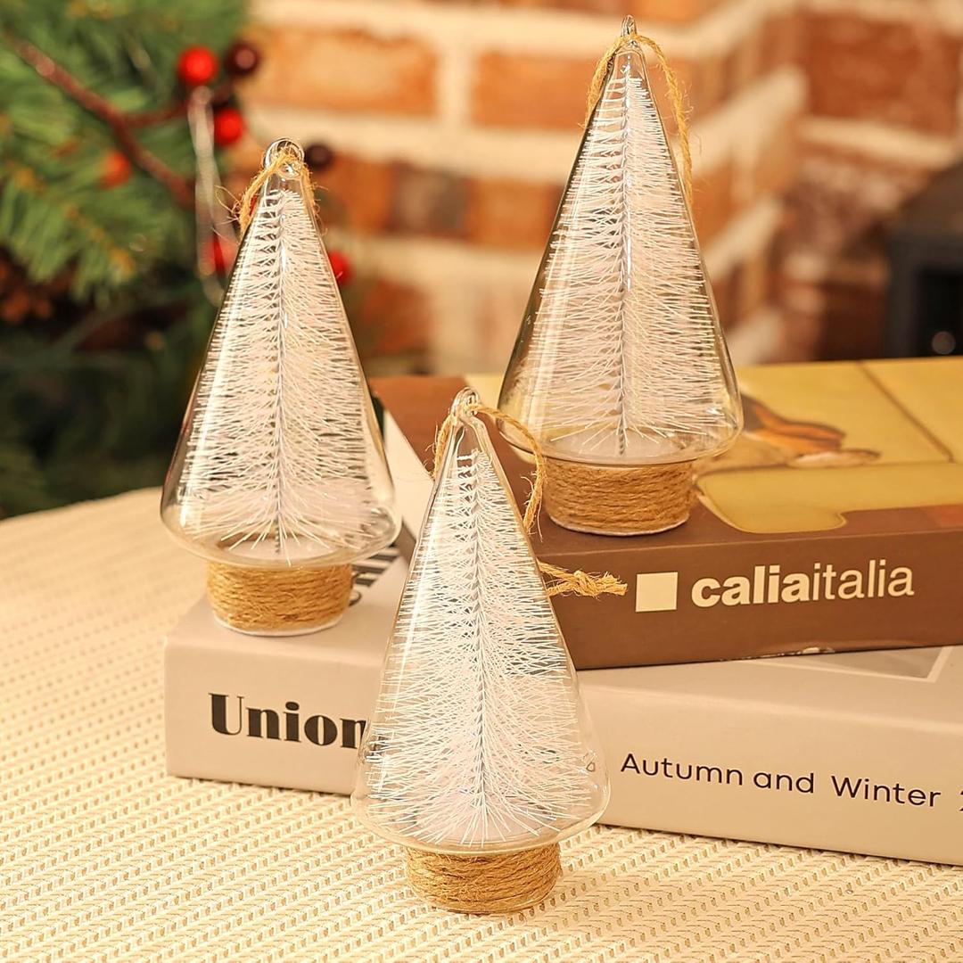 Christmas Tree Ornaments, Set of 3 Mini Glass Tree Shaped Hanging Decorations with Twine and Cork Base, Festive Xmas Decor for Christmas Tree, Holiday Home Party Decor
