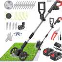 Cordless Weed Wacker Eater Battery Powered, 21V Lightweight Electric Weed Trimmer with 2 Battery Operated & Charger& Wheels & Shears, No-String Grass Trimmer/Brush Cutter/Lawn Edger for Yard Garden