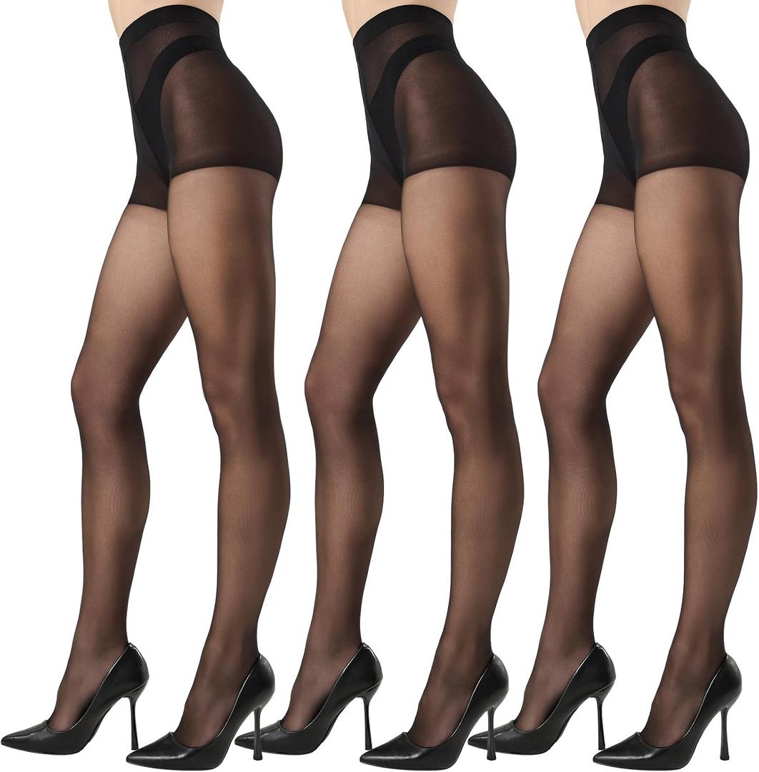 3 Pairs pantyhose for women20 Denier High Waist sheer tights (Black)