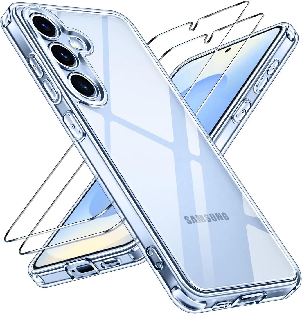 ivoler 3-in-1 Case for Samsung Galaxy S25 5G 6.2" (Not for S25 Plus 6.7") with 2 Pack Tempered Glass Screen Protector[Full Coverage], Slim Phone Bumper Cover -Clear (Not for S25 Plus 6.7") | 3-in-1, 6.2", with 2 Pack, Full Coverage