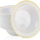 JOLLY PARTY 50PCS Plastic Bowls with Gold Rim-12oz disposable Soup Bowls, Christmas Thanksgiving Premium Dessert Salad Bowl for Wedding/Party