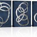 iKNOW FOTO Set of 3 Modern Abstract Blue and Silver Circle Canvas Prints Contemporary Artwork Painting for Bedroom and Bathroom Stretched Canvas Ready to Hang Each Panel 12x16 inches