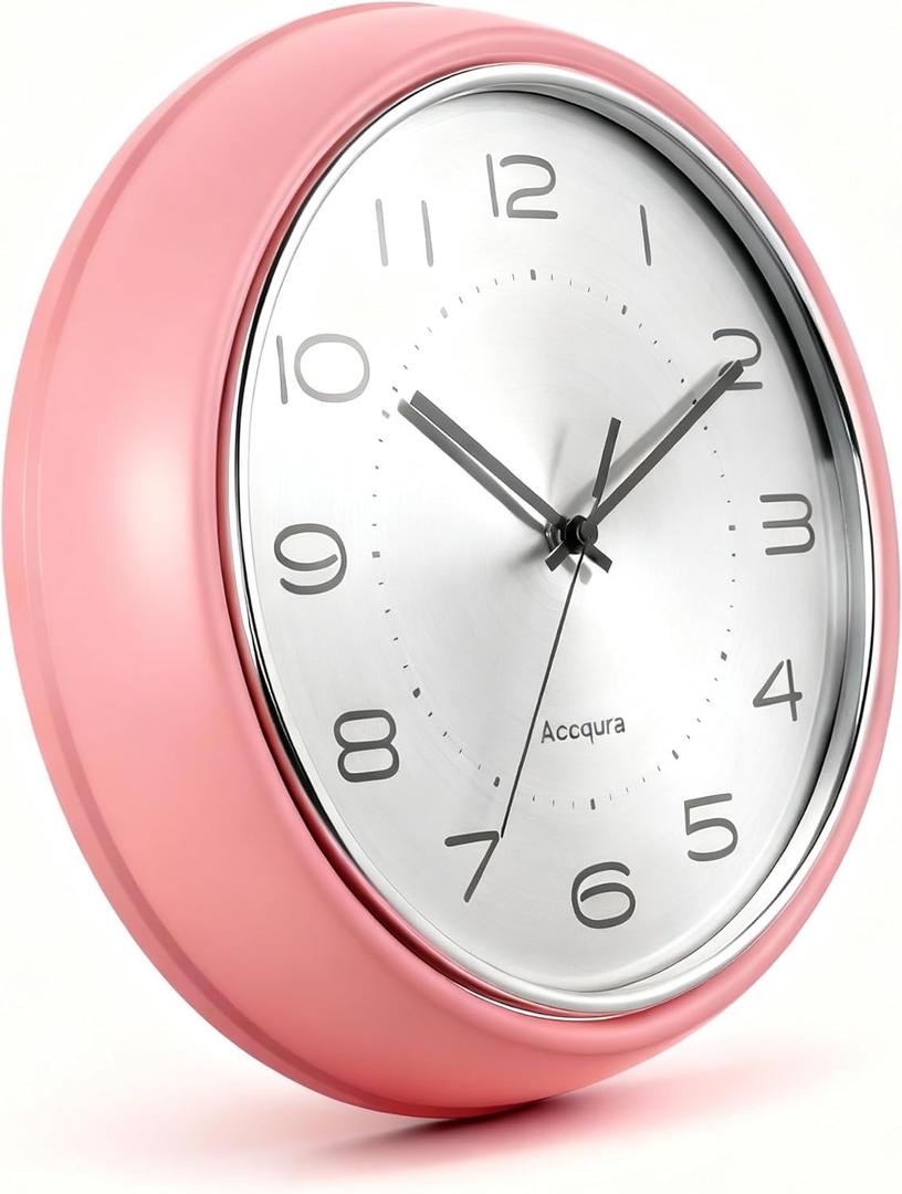 Accqura 12 Inch Vintage Retro Wall Clock, Silent Non-Ticking Metal Dial & Domed Glass Battery Operated, Design for Kitchen Living Room, Bedroom,Office (Coral Pink)