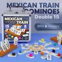 Queensell Mexican Train Dominoes Set Double 15 with Numbers - Dominoes Set for Adults and Family 136 Tiles, 9 Trains, Wooden Hub, 8 Tile Holders, Aluminum Case (D15 Numbers + 8 Holders)