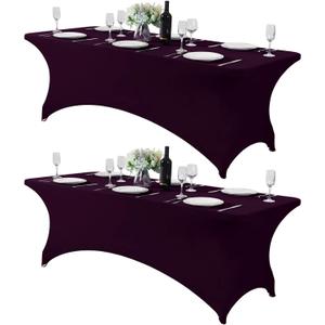 2Pack Spandex Table Cover for 8FT or 4ft or 6ft Table Universal Fitted Stretch Tablecloth for Party, Banquet, Wedding and Events-Eggplant