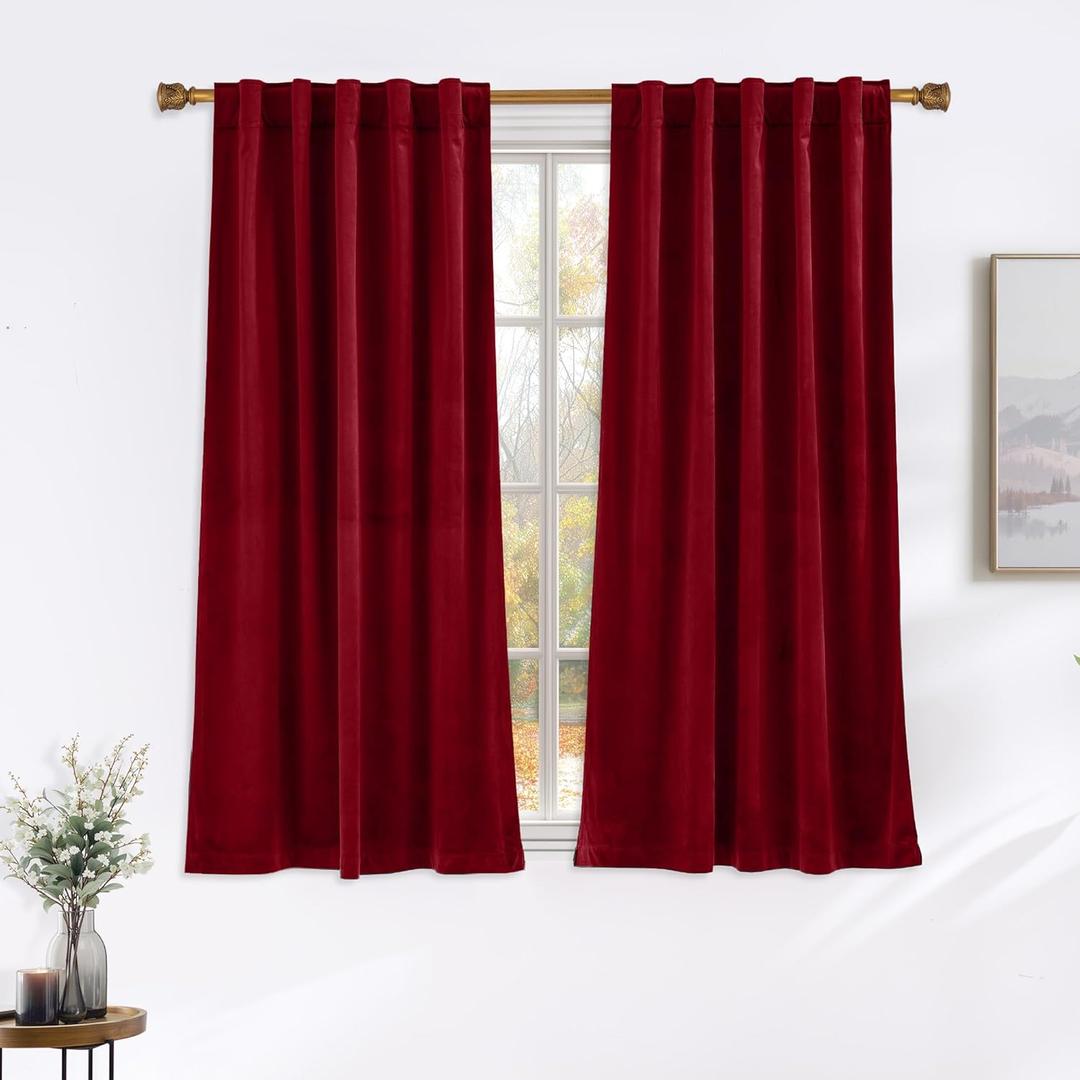 NICETOWN Red Short Velvet Curtains & Drapes for Cafe, Room Darkening Curtains 63 inch Length, Sound Reducing Privacy Panels for Home(Set of 2, Rod Pocket & Back Tab, 42" Wide)