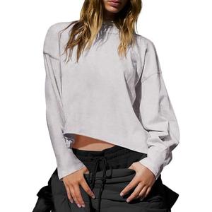 INFITTY Oversized Long Sleeve Shirts for Women Cropped Workout Tops Cotton T Shirt Casual Tee Gym Y2K Clothes S