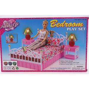My Fancy Life Dollhouse Furniture Set, Bedroom and Beauty Play Set, White and Pink with Floral Bedding