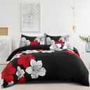 3 Pieces Duvet Cover Set Queen Red Floral Pattern Comforter Cover Elegant Boho Floral Duvet Cover with 2 Pillow Cases Lightweight Microfiber Bedding Duvet Cover Set All Season (Black, 90"x90")