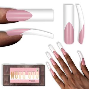 NOVO OVO Halloween XXL Sharp Square Slight Curved Nail Tips French Tip BERRY PINK, Full Cover Press on Acrylic, Extra Thick Soft Gel False Nail, NEED Builder Gel Top Coat Glue x 15 Sizes 150 pcs