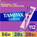 Tampax Radiant Tampons for Women Multipack, with LeakGuard Braid, Regular/Super/Super Plus Absorbency, Unscented, 112 Count (4 Packs of 28)