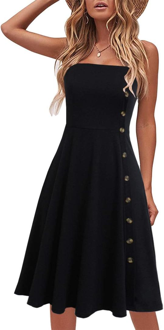 Women's Casual Summer Beach Flattering Flowy A-Line Spaghetti Straps Solid Cotton Button Down Midi Sundress, 16