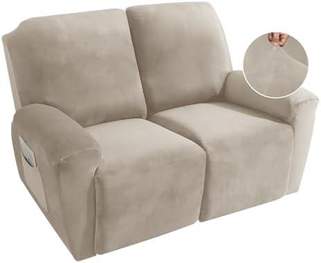 MAXIJIN Recliner Loveseat Slipcover, 6 Pieces Stretch Velvet Reclining Sofa Cover, 2 Seater Love Seat Recliner Couch Cover, Thick, Soft, Washable Furniture Cover (Loveseat Recliner, Khaki)