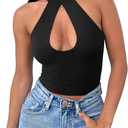 REORIA Women's Sexy Criss Cross Halter Neck Crop Tops Trendy Sleeveless Y2K Nightout Clubwear Going Out Tops (Medium, Black)