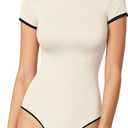 MANGOPOP Women's Round Neck Short Sleeve Bodysuit T Shirts Basic Body Suit Tops (XX-Large, Creamy White)