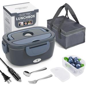 Electric Lunch Box Food Heater, 3 In 1 Ultra Quick Heated Lunch Boxes for Adults, 12V/24V/110V Portable Food Warmer for Car/Truck/Office With Fork Spoon and Insulated Carry Bag (Blue Gray)