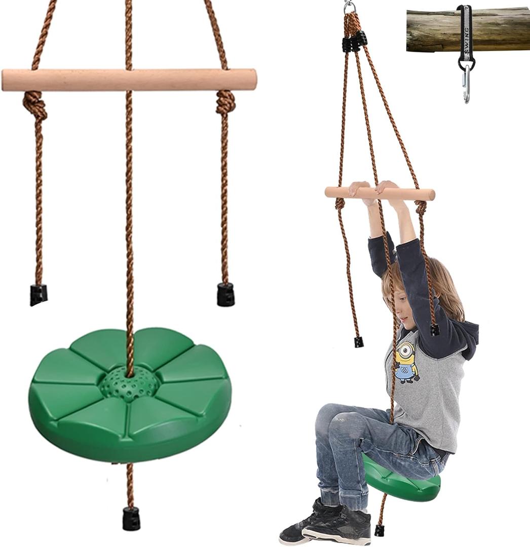 Disc Swing for Kids with Monkey Bars, Replacement Swing for Swing Set for Backyard/Tree/Zipline,Green Disk Swing Seat with 5ft Adjustable Rope, Carabiner and 22in Strap