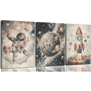 Nursery Space Astronaut Canvas Wall Art Rocket Ship And Astronaut Watercolor Painting Pictures Fun Outer Space Adventure Room Wall Decor Spaceman Planet Universe Posters Prints Artwork Framed