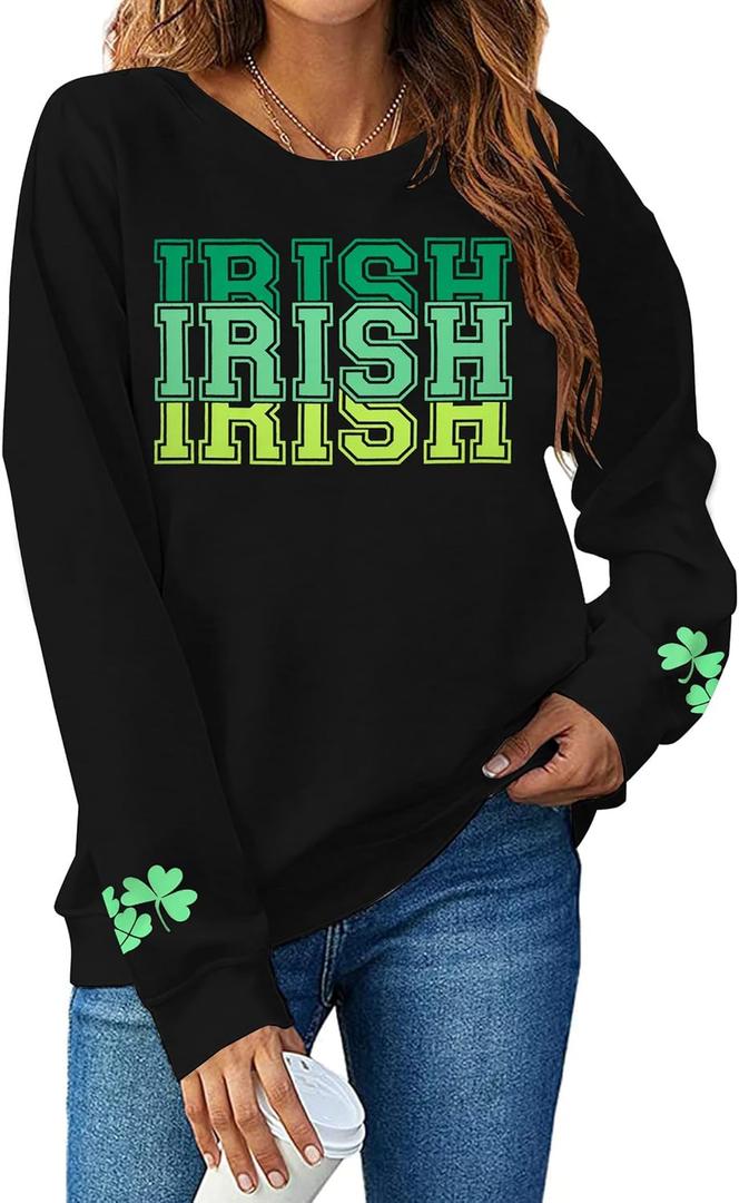 St Patricks Day Sweatshirt Women Shamrock Sweater Notre Dame Shirts Clover Top Irish Gift Long Sleeve Pullover (XL)