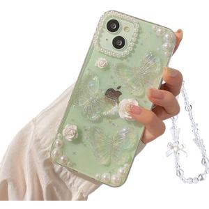 Fycyko Compatible for iPhone 15 3D Butterfly Floral Clear with Design Aesthetic Women Teen Girls Glitter Pretty Crystal Sparkle Sparkly Cute Girly Phone Cases Protective Cover+Pearl Chain-Clear