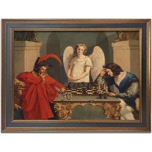 Vintage Faust And Mephistopheles Playing Chess Poster Classical Wall Art Retro The Devils checkmate Canvas Print Painting Picture Home Classroom Office Living Room Decor 16X24inch Black and Gold Frame