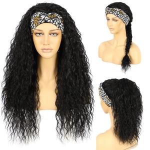 #1B Headband Wigs For Black Women Long Black Water Wave Natural Hairline Full Machine Made None Lace Front 130% Density 26inches Hair Synthetic Curly Daily Glueless Wigs