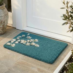 Fab Habitat Floral Non Slip Doormat - Durable, Thin - Natural Coir & Rubber - Entryway, Front Door, Porch, Patio - Magnolia Branch Teal (18" x 30" Non-Slip)