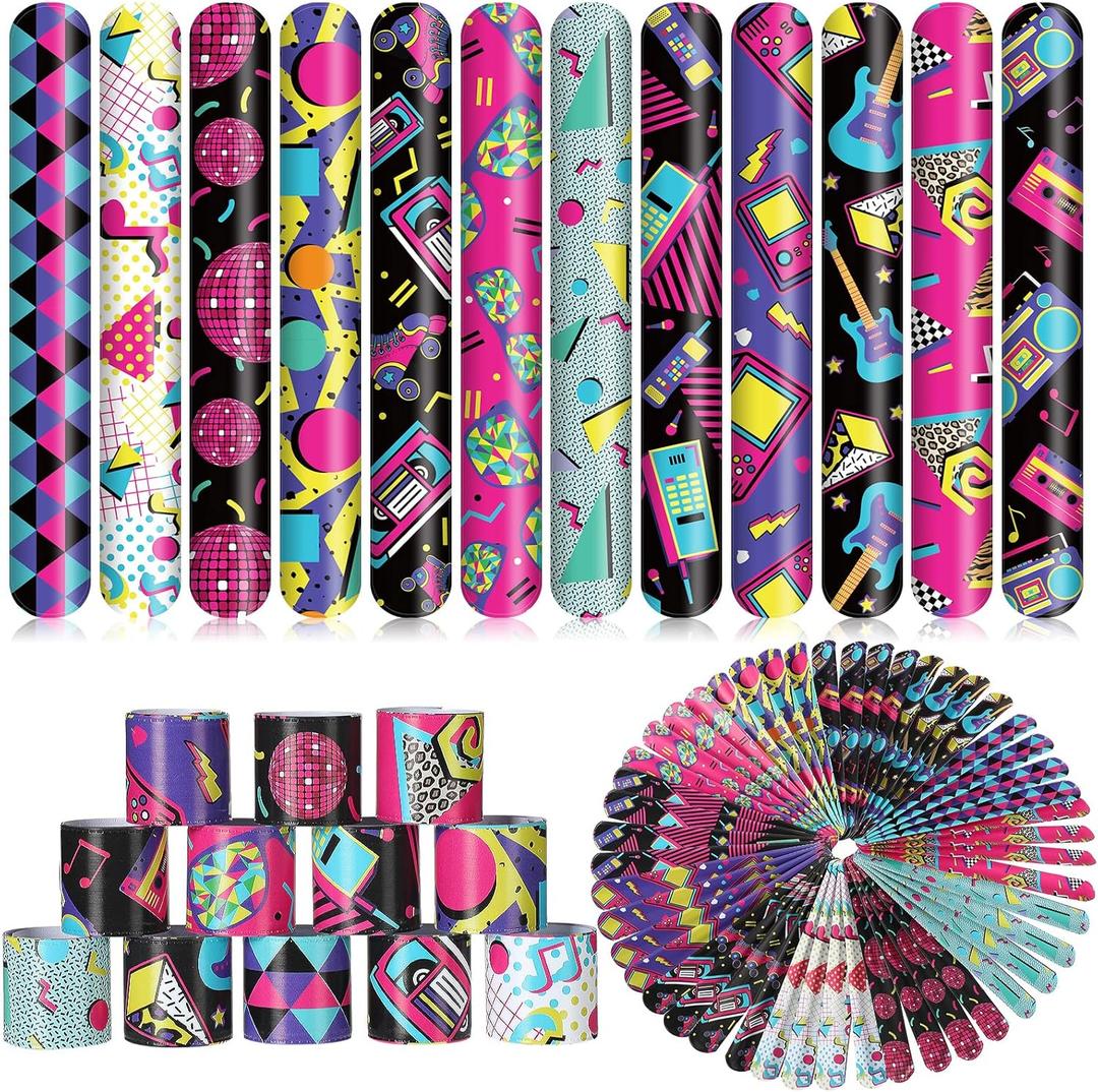 Sosation 60 Pcs 80s 90s Party Slap Bracelets Favors Decorations Slap Wristbands Retro Theme Bracelet Snap Bands Snap Wristband for Adults Throwback Party(Retro Style)