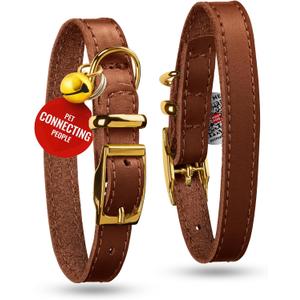 WAUDOG Leather Cat Collar with Removable Bell and QR ID Tag for Small, Medium and Large Breeds Adjustable Long Lasting Classic Kitten Collars Boy & Girl (6" - 8", Brown)