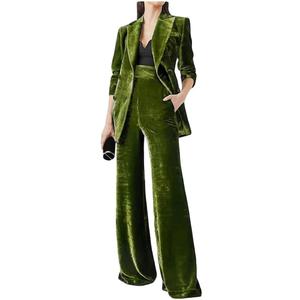 Women's 2 Piece Velvet Suit Office Work Suit Notch Lapel Double Breasted Blazer Pants Business Suits Set for Women (Medium)