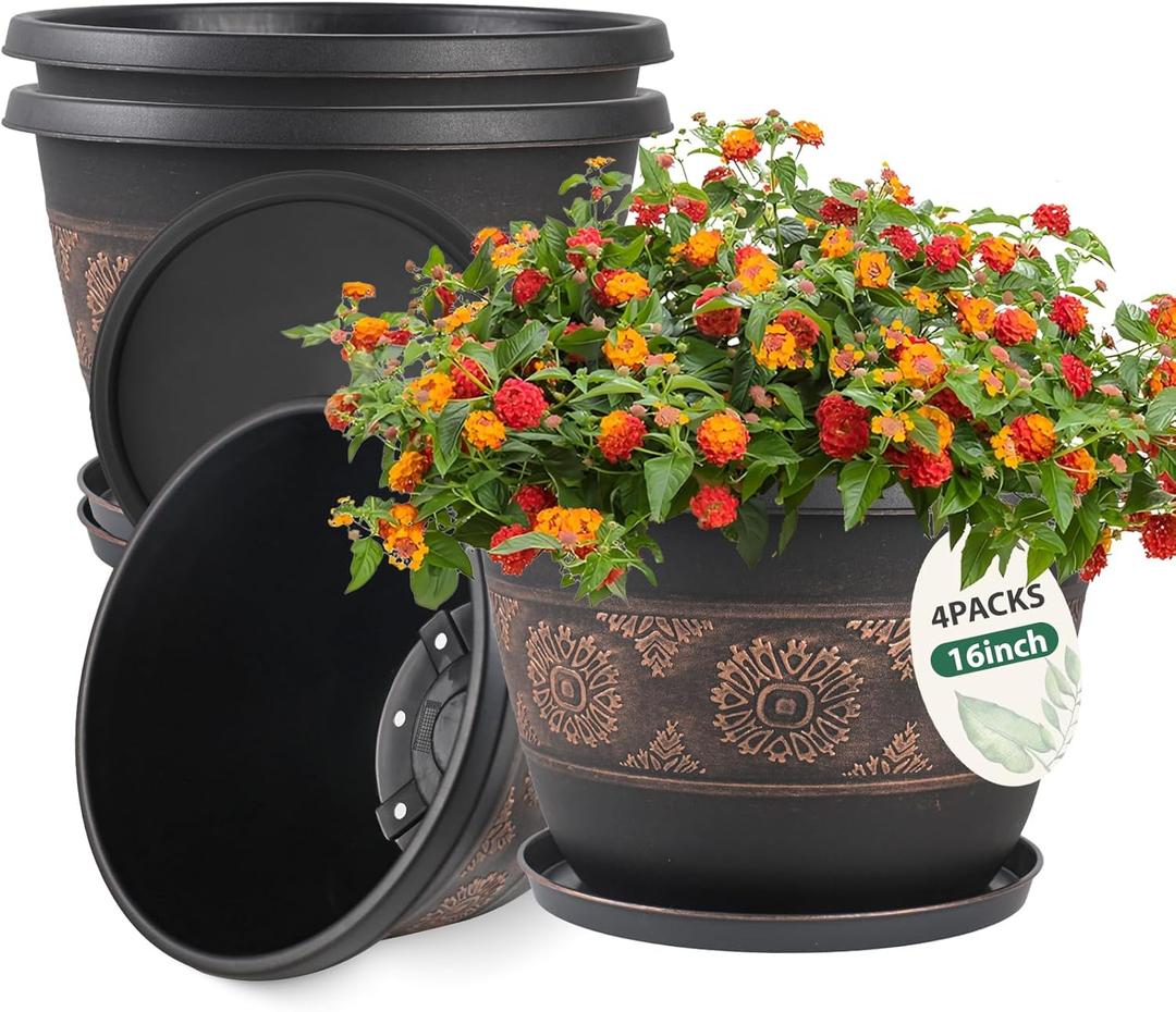 4 Pack 16 inch Plant Pots, Retro Pattern Planters with Drainage Holes and Saucer, Sturdy Plastic Garden Flower Pots for Indoor & Outdoor Plants (Copper)