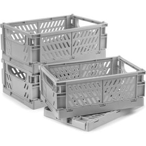 4 Pcs Collapsible Storage Crates, 10x6.5x4 inches Space-Saving Folding Containers, Stackable Plastic Boxes for Home Kitchen Office Bedroom Bathroom, Light Gray, Medium