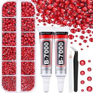 6100Pcs Resin Red Rhinestones for Bedazzling with 2Pcs 10ml B7000 Jewelry Glue, 1 Box Flatback Gems Crystals Diamonds for Makeup Crafting Nail Art