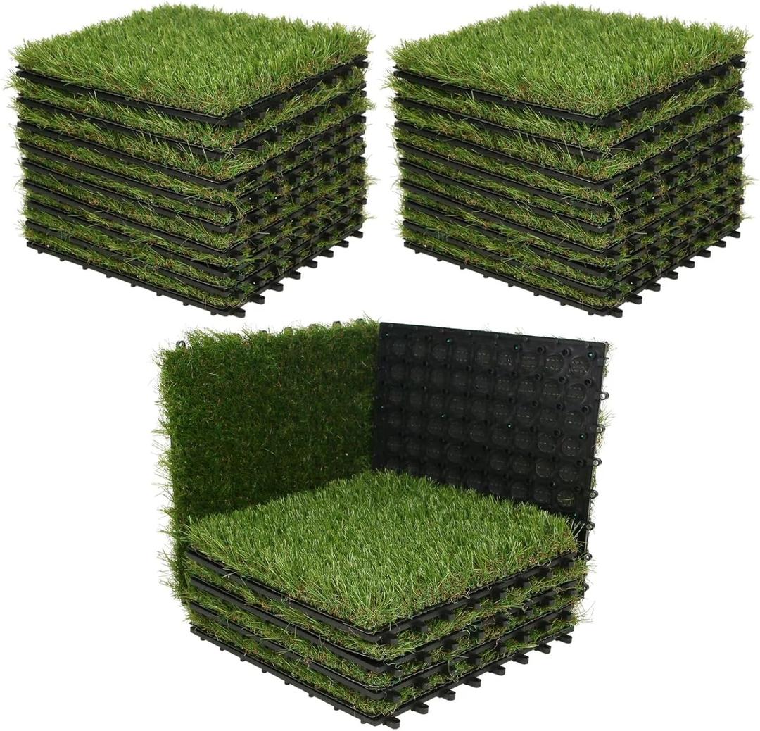 XLX TURF Artificial Grass Turf Tiles Interlocking Set 27 Pieces, Square Fake Grass Tiles Self-draining for Pet Dogs Kennel Indoor/Outdoor Flooring Decor, 12"x12", 8 Buckle Systerm