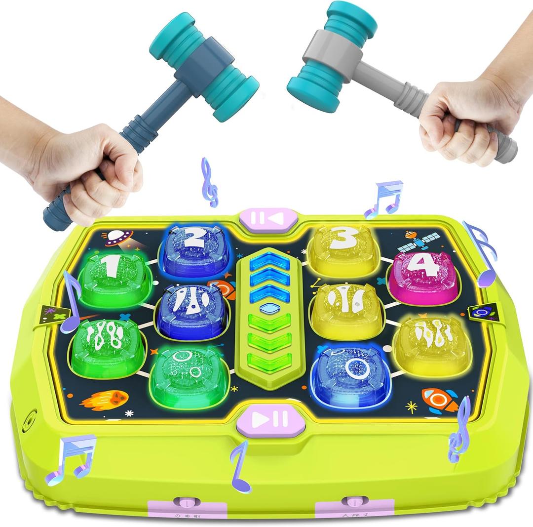 Whack Game Mole Toy for Toddler, Toys for 3 4 5 6+ Year Old Boys/Girls, Interactive Educational Pounding Toys with 2 Hammers, Music & Light, 3 Modes, Birthday Xmas Gifts for Boys Girls Kids Age 3-8 (Green)