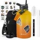 64 oz Insulated Water Bottle with Straw (Cold for 48 Hrs), Half Gallon Stainless Steel Triple Wall Vacuum Sports Water Jug, Leakproof Hydro Cup Flask with Straw Spout Lids & DIY Stickers (Ombre Orange)