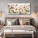 JuhaiArt Large Floral Wall Decor 3D Flower White Wall Art Elegant Gold Canvas Decor for Bedroom Living Room Office Picture Artwork 29" x 59"