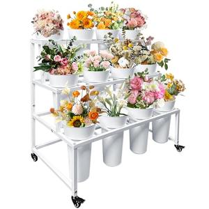 PROLEE Flower Stand with 12 Buckets, Flower Display Stand with Wheels, Flower Cart, Moving Florist Bouquet Shelf, Rectangular, White