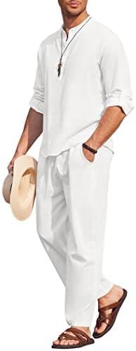 COOFANDY Men's 2 Pieces Cotton Linen Set Long Sleeve Henley Shirts Casual Beach Pants With Pockets Summer Yoga Outfits, XXL