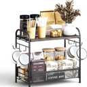 Coffee Bar Organizer for Countertop Station, Simple Assembly 2 Tier Shelf for Home,Office, Coffee Cup Holder Storage Organization for Counter Accessory Storage Rack with 4 Hooks Space-Saving (Black)